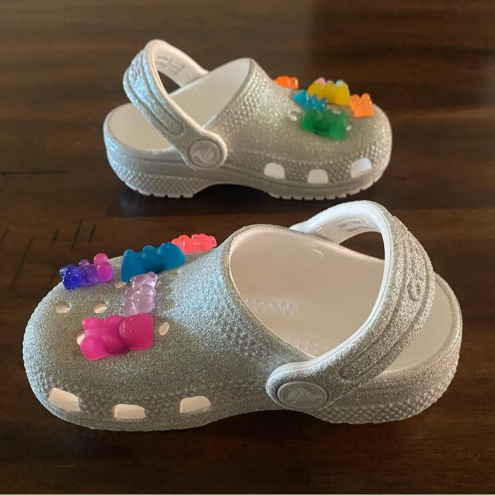 CROCS Silver Glitter Clogs with Colorful Gummy Bear Charms